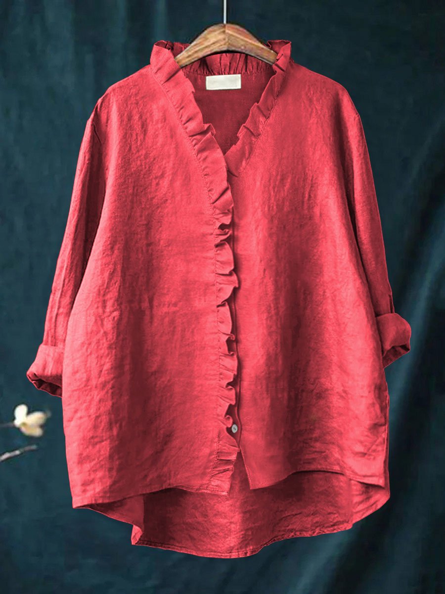 Rica retro ruffle blouse with collar and front placket ruffle detailing and long sleeves