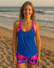 Edith sleeveless printed tankini with U-neck and open back in navy, orange and blue