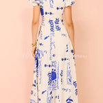 Avermy blue floral maxi dress with V-neckline and puff sleeves