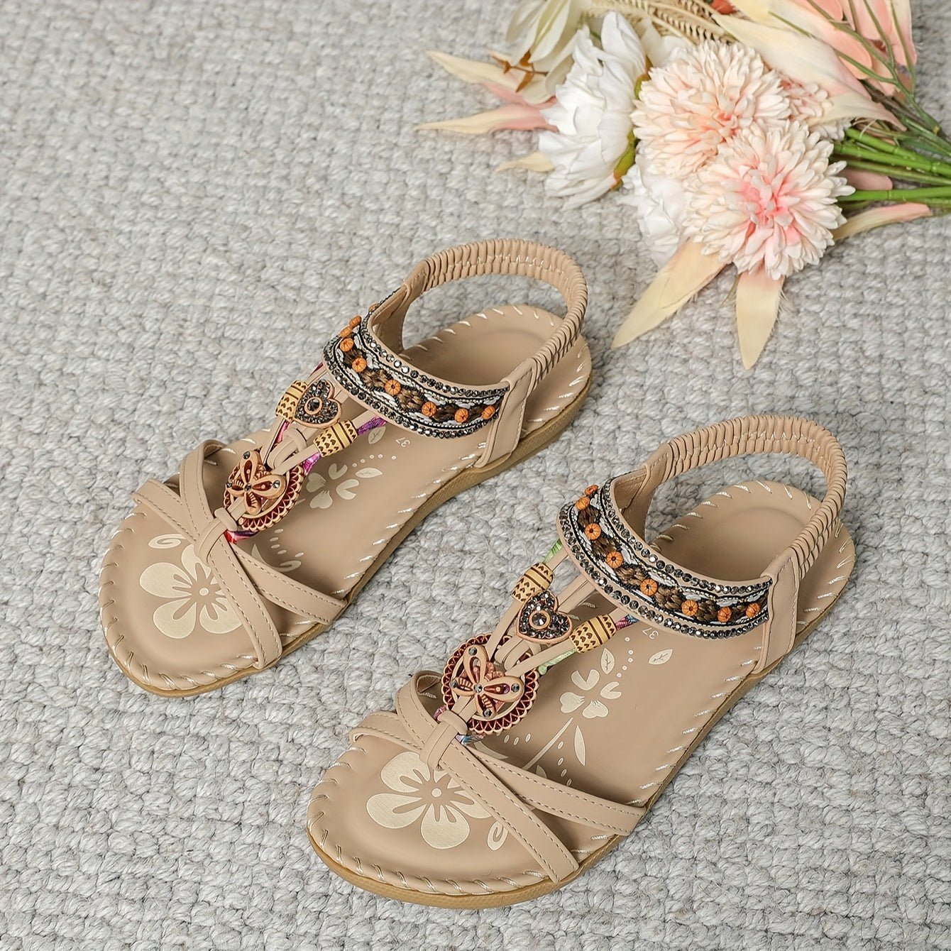 Nalu boho flat sandals with beaded, tribal-inspired detailing in a neutral earthy tone