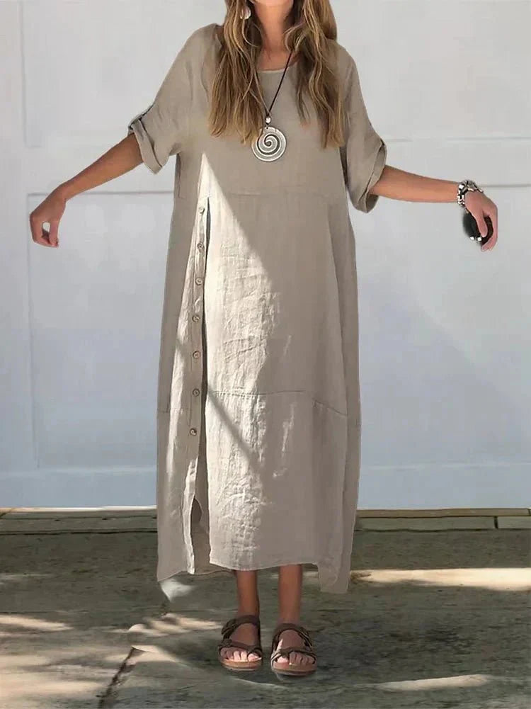 Islay luxe linen blend dress with relaxed fit, shown in a neutral sand shade