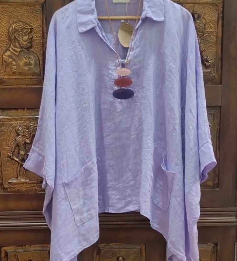 Lina breezy collared linen-cotton top with soft stand collar and relaxed fit
