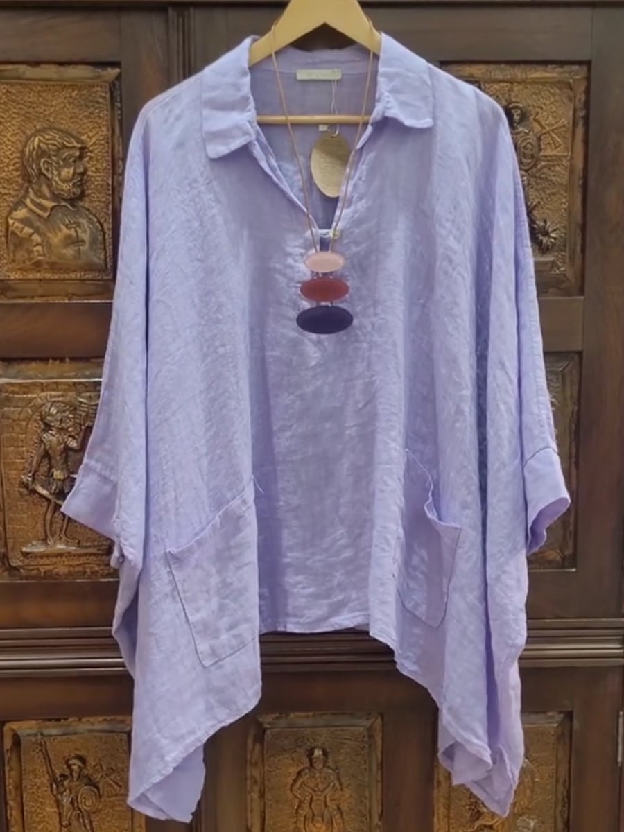 Lina breezy collared linen-cotton top with soft stand collar and relaxed fit
