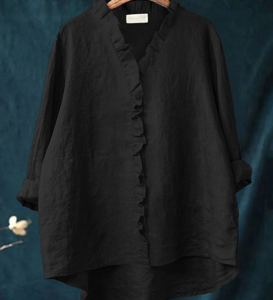 Rica retro ruffle blouse with collar and front placket ruffle detailing and long sleeves