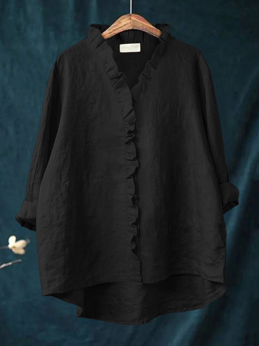 Rica retro ruffle blouse with collar and front placket ruffle detailing and long sleeves