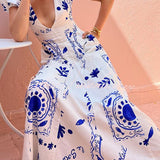 Avermy blue floral maxi dress with V-neckline and puff sleeves