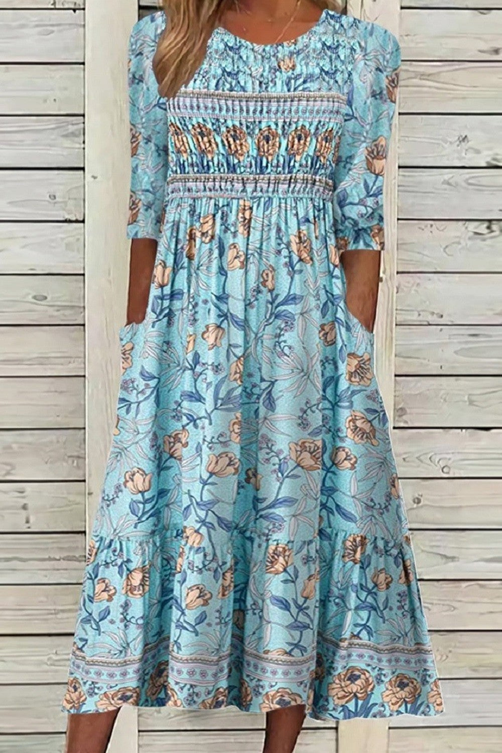 Aphra Petal Muse Dress in blue with a flowy silhouette and round neckline