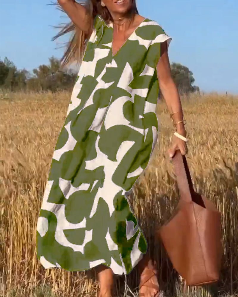 Amelia printed V-neck A-line dress in a flowing silhouette