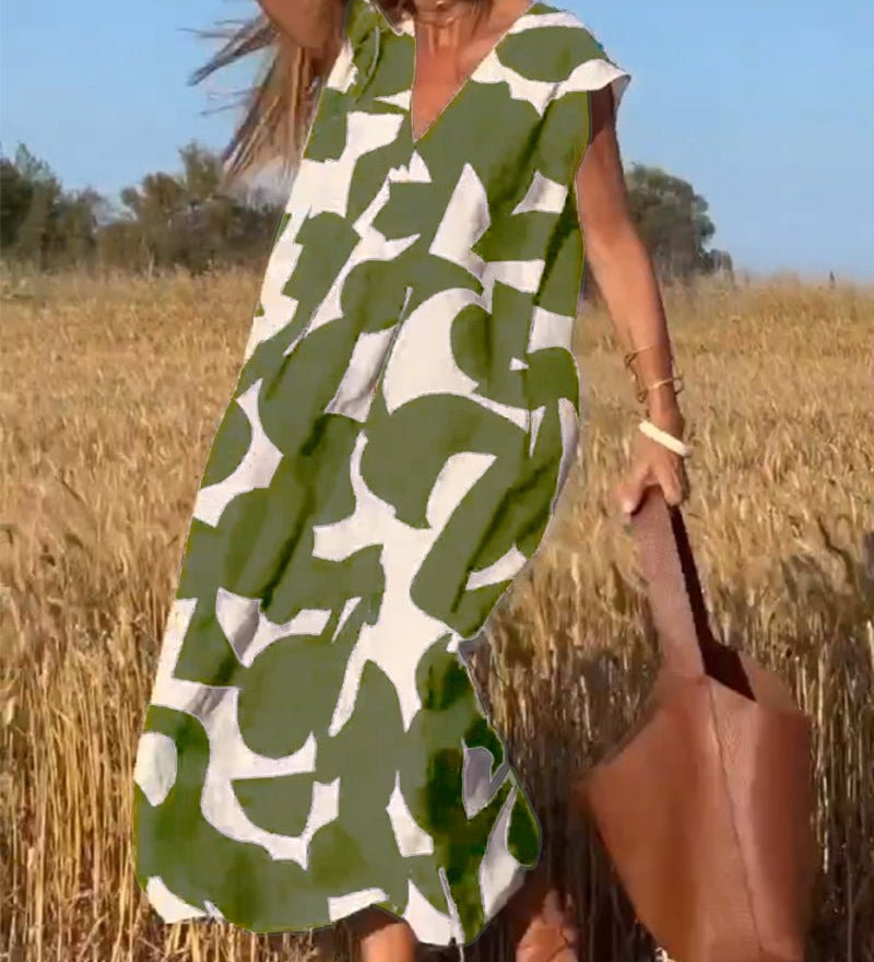 Amelia printed V-neck A-line dress in a flowing silhouette