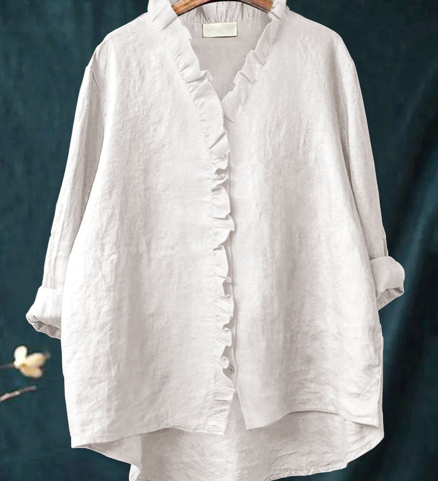 Rica retro ruffle blouse with collar and front placket ruffle detailing and long sleeves