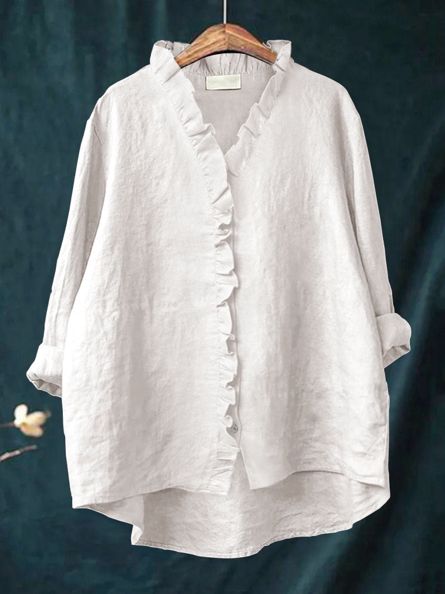 Rica retro ruffle blouse with collar and front placket ruffle detailing and long sleeves