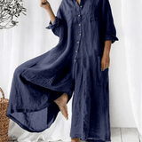 Bria luxe wide-leg linen jumpsuit with mid-waist fit shown in a relaxed silhouette