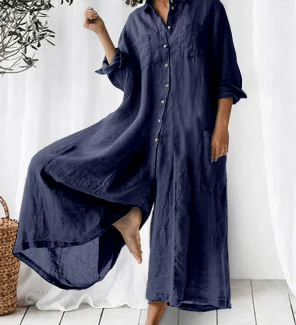 Bria luxe wide-leg linen jumpsuit with mid-waist fit shown in a relaxed silhouette
