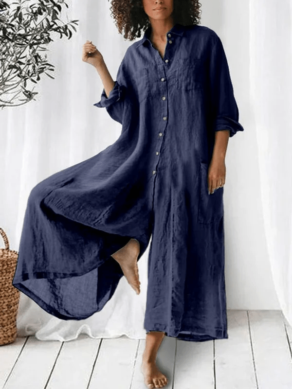 Bria luxe wide-leg linen jumpsuit with mid-waist fit shown in a relaxed silhouette
