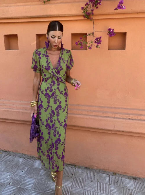 Giselle breezy floral midi dress with V-neckline and puff sleeves