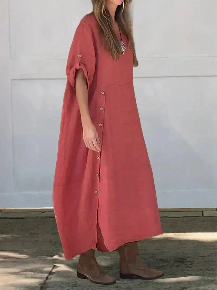 Islay luxe linen blend dress with relaxed fit, shown in a neutral sand shade