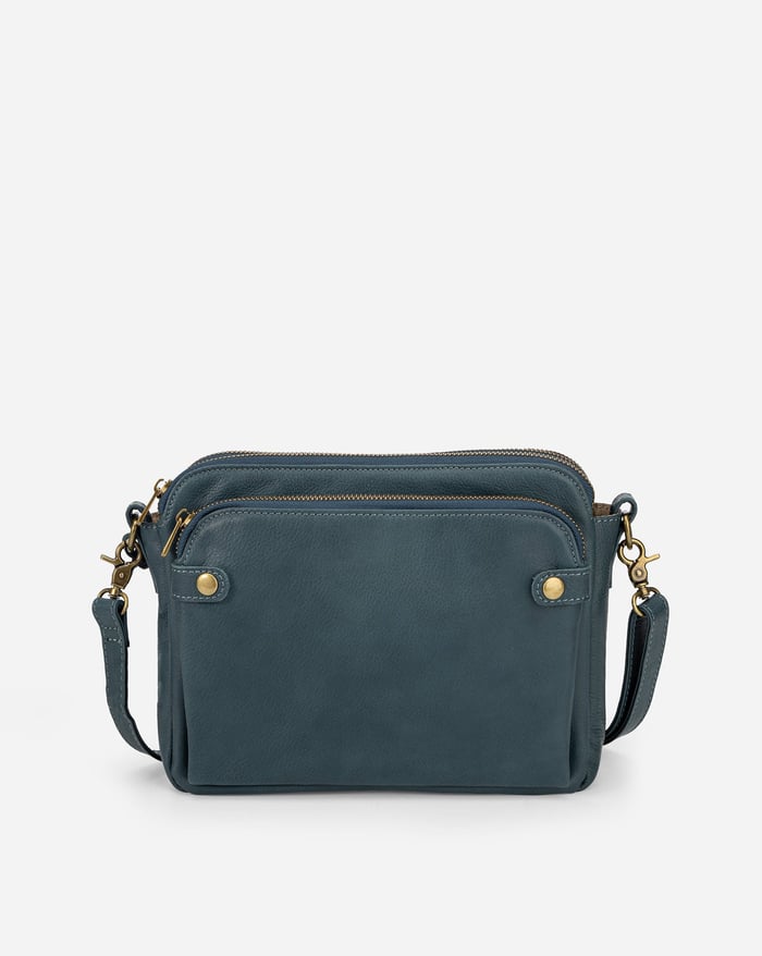 Kaya's Jewel full-grain leather shoulder bag shown in brown, blue, black and green
