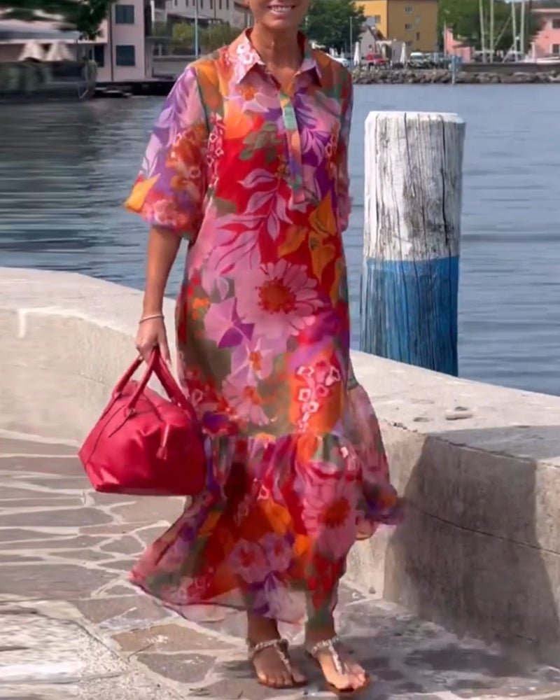 Tasia floral maxi dress with lantern sleeves and flowing shift silhouette