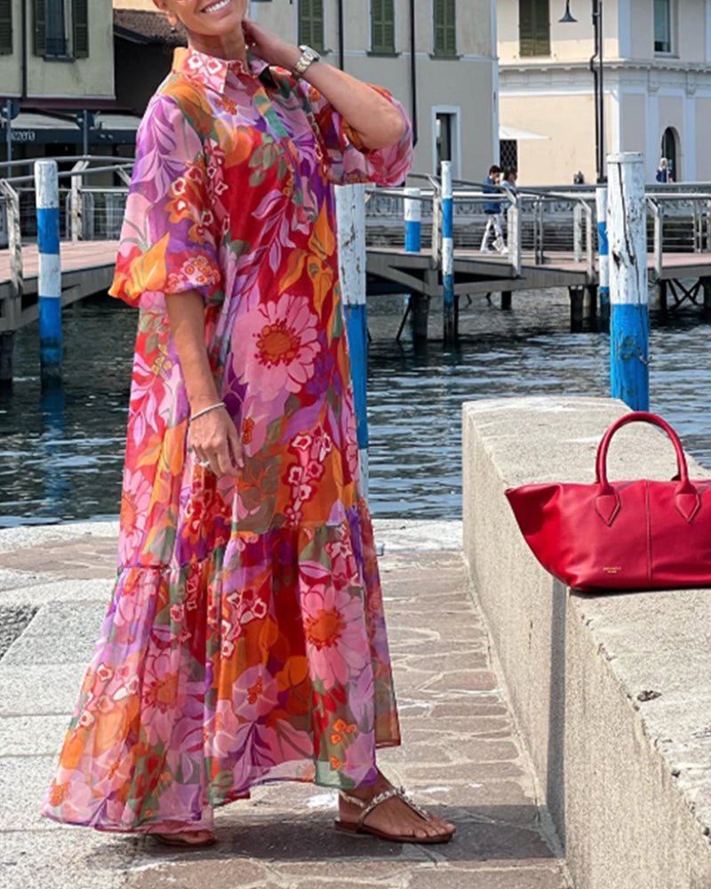 Tasia floral maxi dress with lantern sleeves and flowing shift silhouette