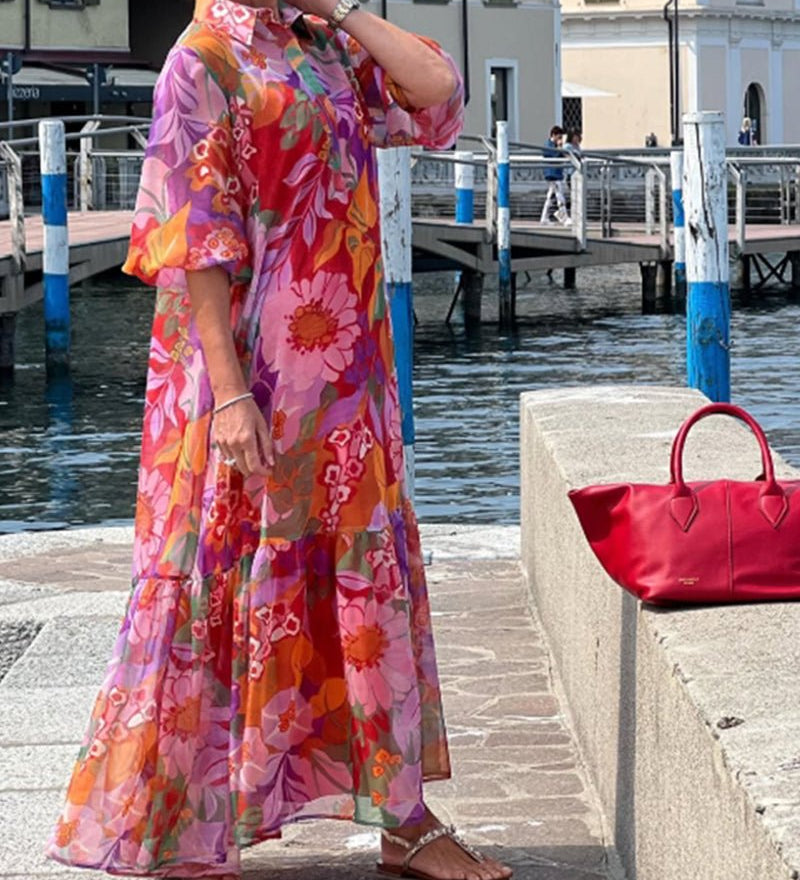 Tasia floral maxi dress with lantern sleeves and flowing shift silhouette