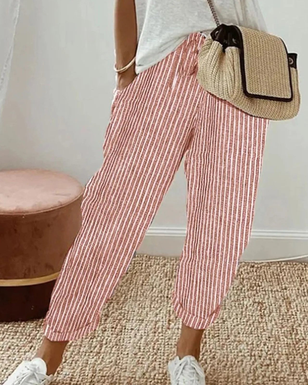 Adria casual retro pleated pants with drawstring waist and relaxed straight-leg fit