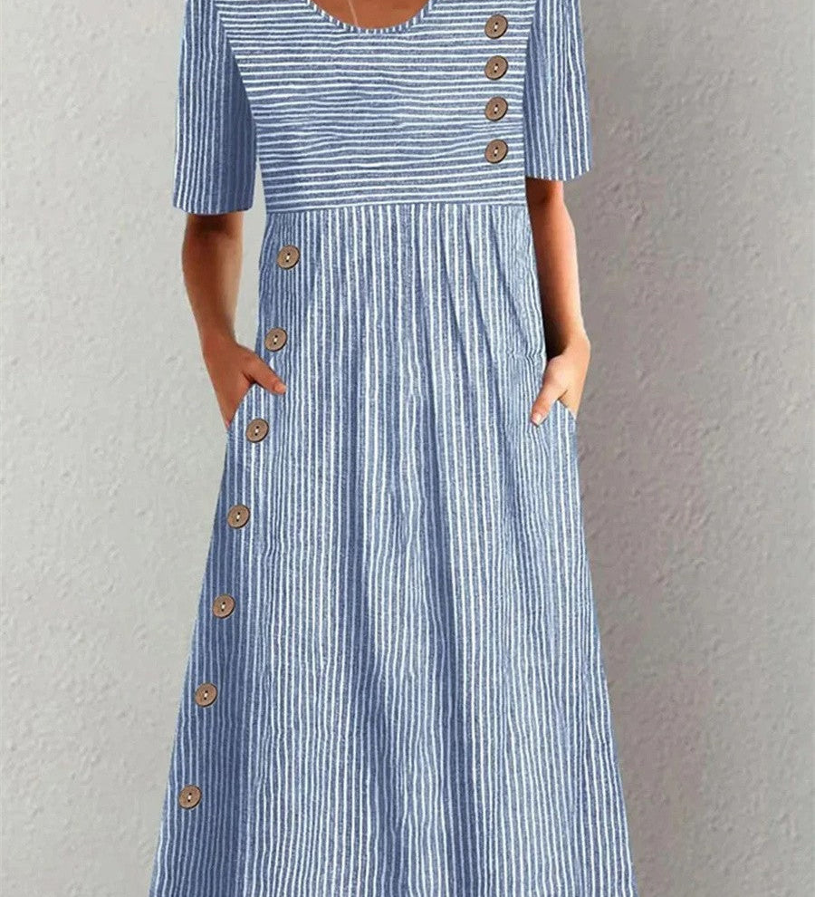 Mirella coastal blue striped cotton midi dress with relaxed ¾-length sleeves