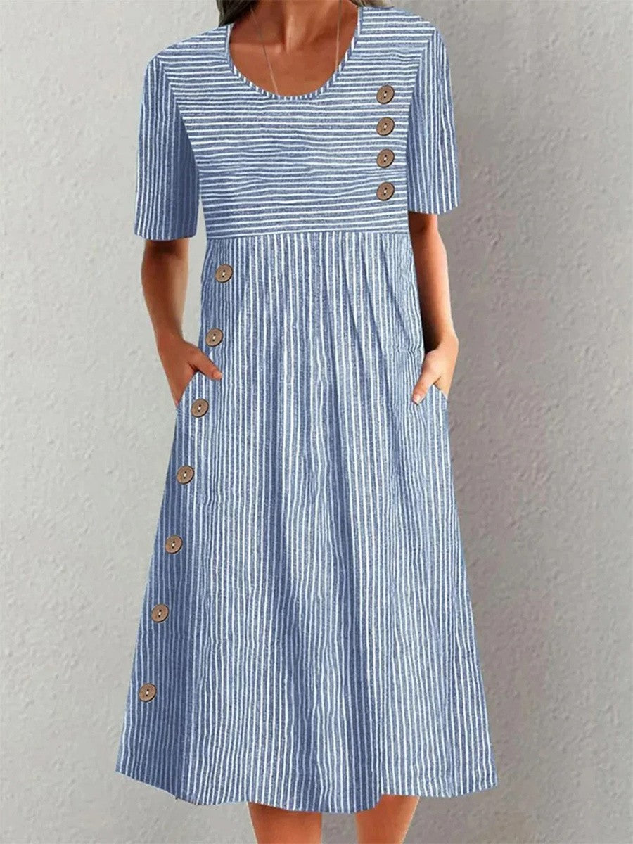Mirella coastal blue striped cotton midi dress with relaxed ¾-length sleeves