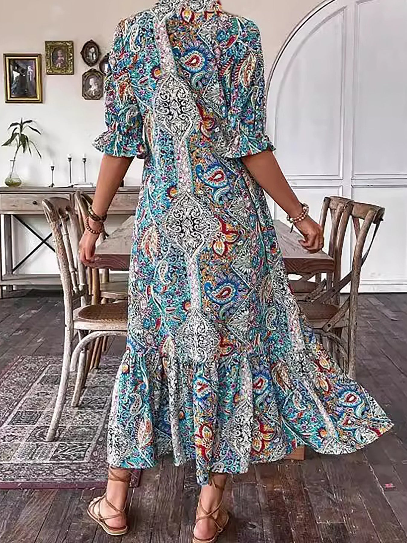 Gene Boho Grace Dress with stand collar and lace-up front, shown in a flowy summer silhouette