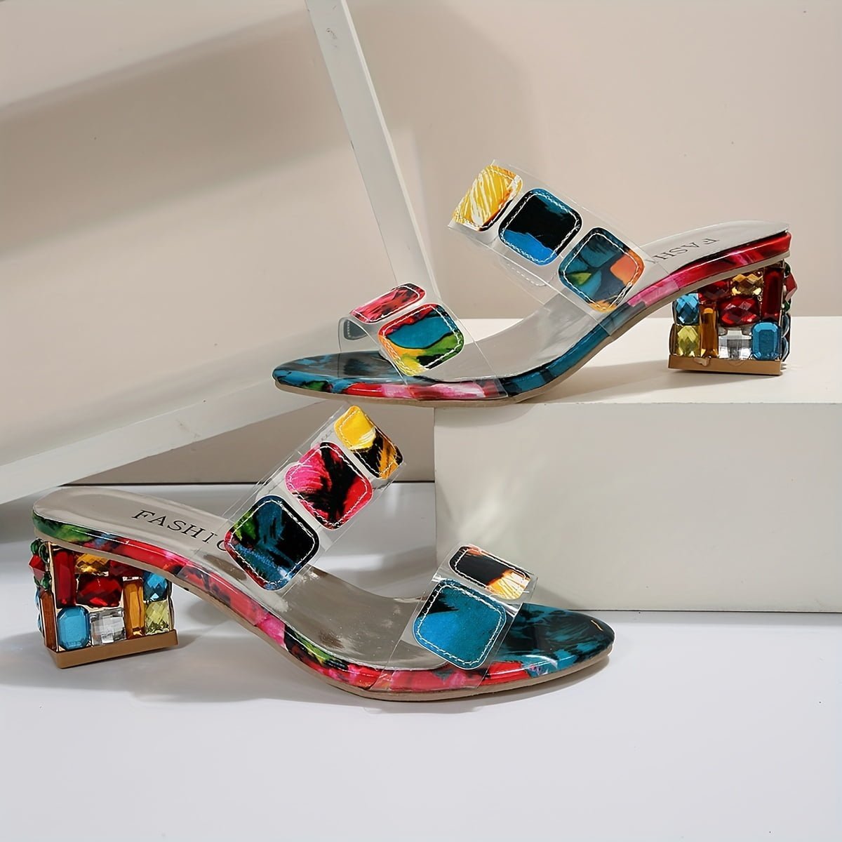 Multi-colour chunky heeled sandals with rhinestone accents and open-toe slip-on design