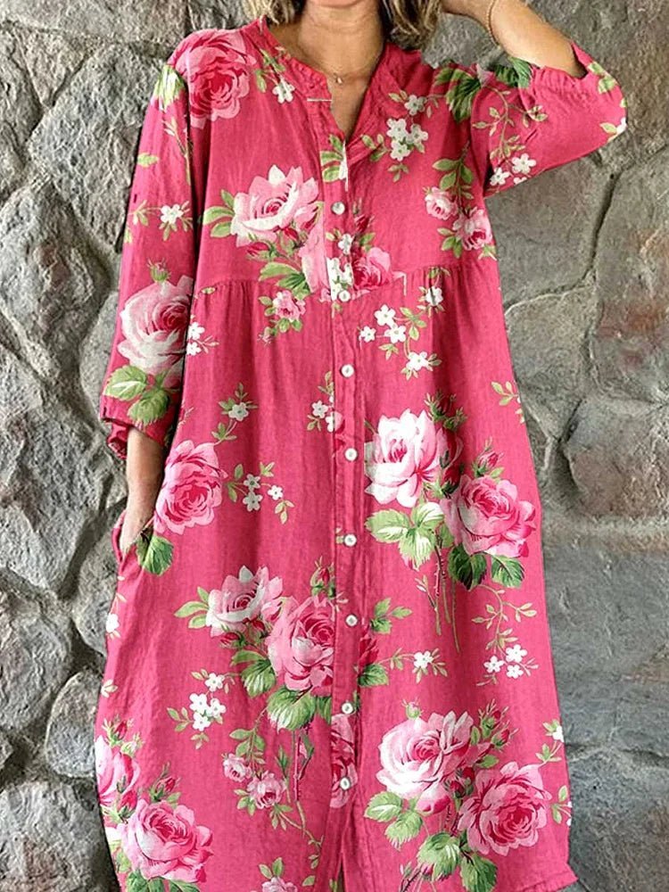 Maddie pink rose floral V-neck shirt dress with three-quarter sleeves