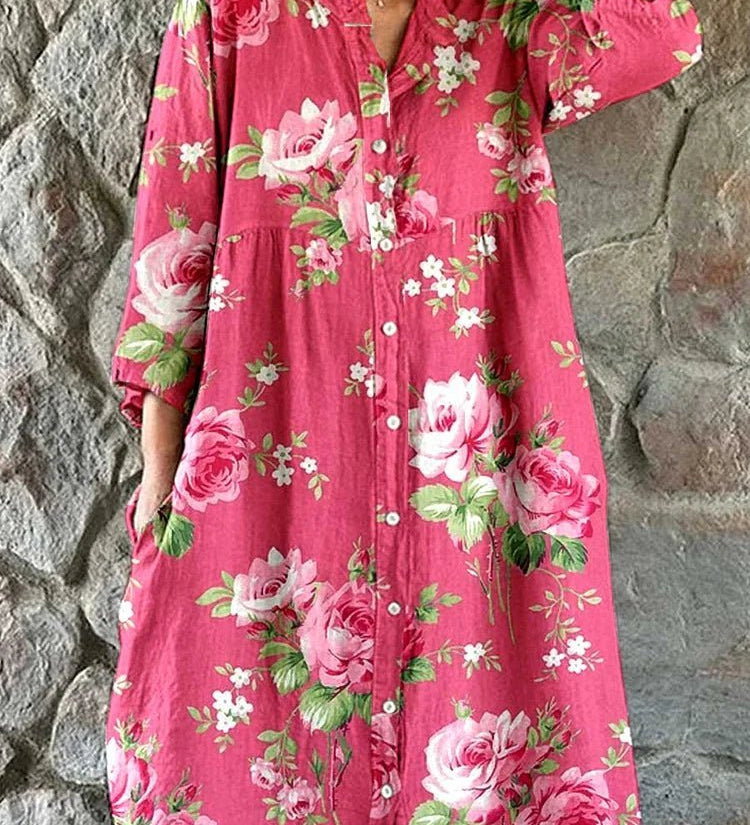 Maddie pink rose floral V-neck shirt dress with three-quarter sleeves