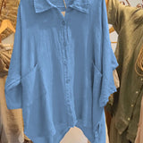 Lineth casual buttoned linen-cotton blouse with shirt collar and 3/4 sleeves