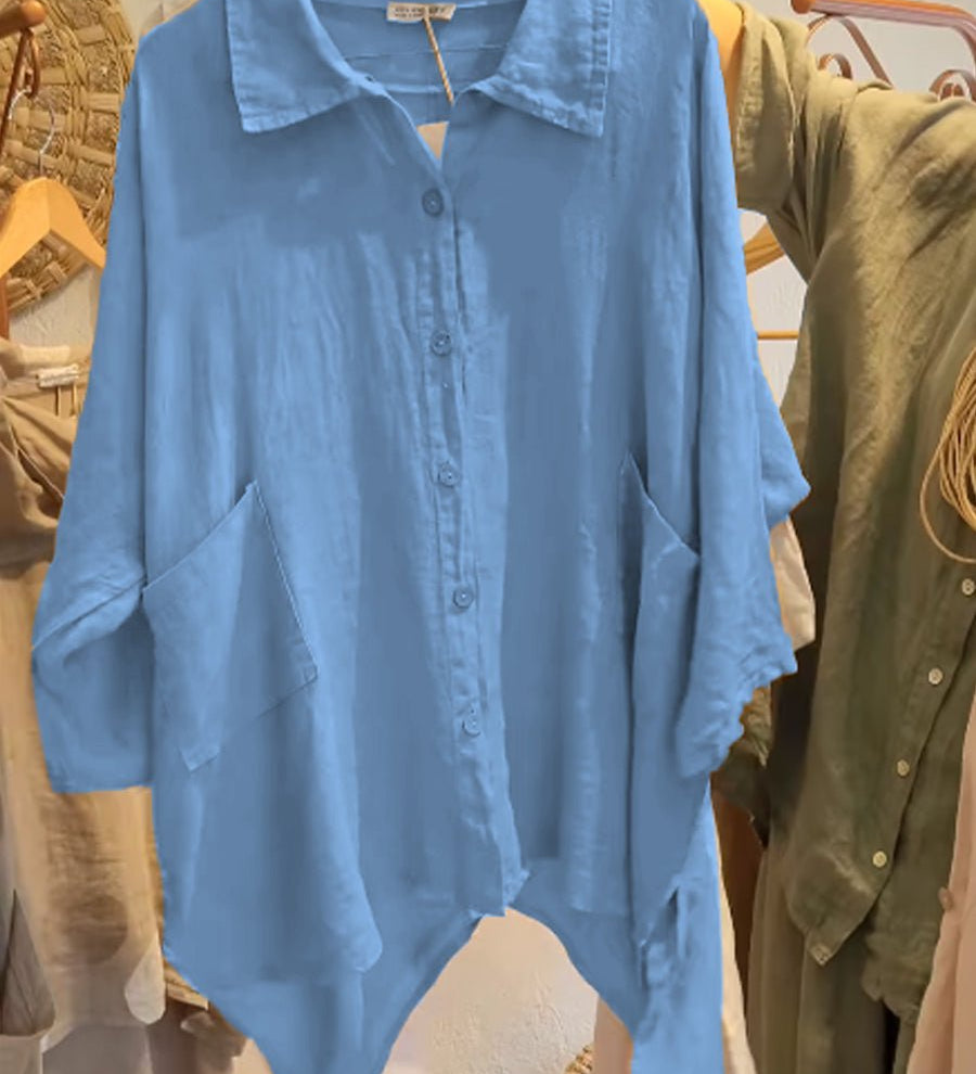 Lineth casual buttoned linen-cotton blouse with shirt collar and 3/4 sleeves