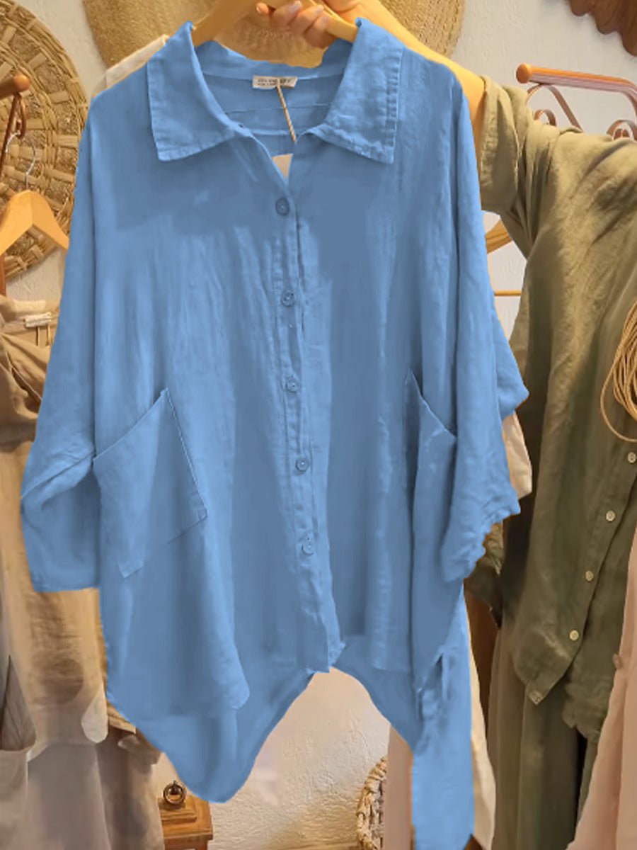 Lineth casual buttoned linen-cotton blouse with shirt collar and 3/4 sleeves