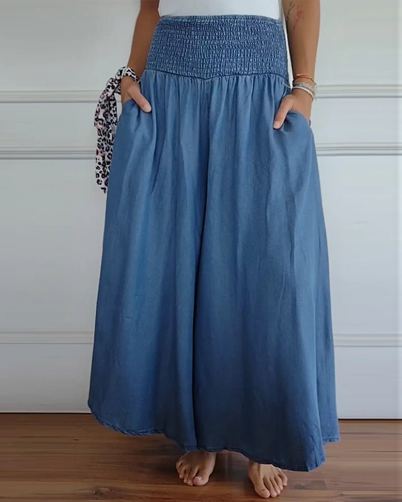 Sage flowy high-waist wide-leg pants shown in a relaxed, flattering silhouette