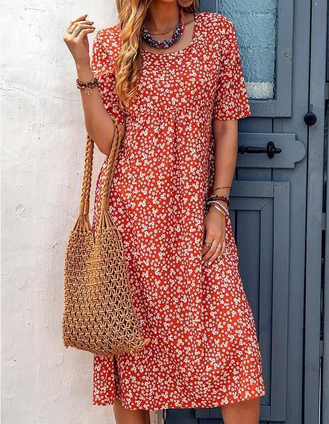 Lilo floral summer dress with mid-length cut and soft crew neckline