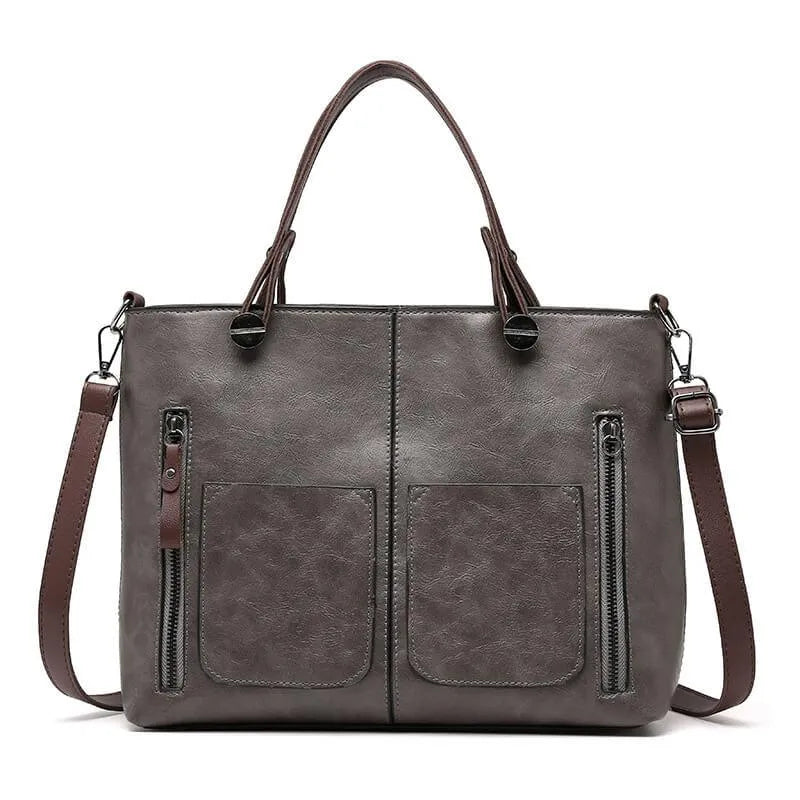 Dusk Serenity premium PU leather shoulder bag shown in brown, black and grey