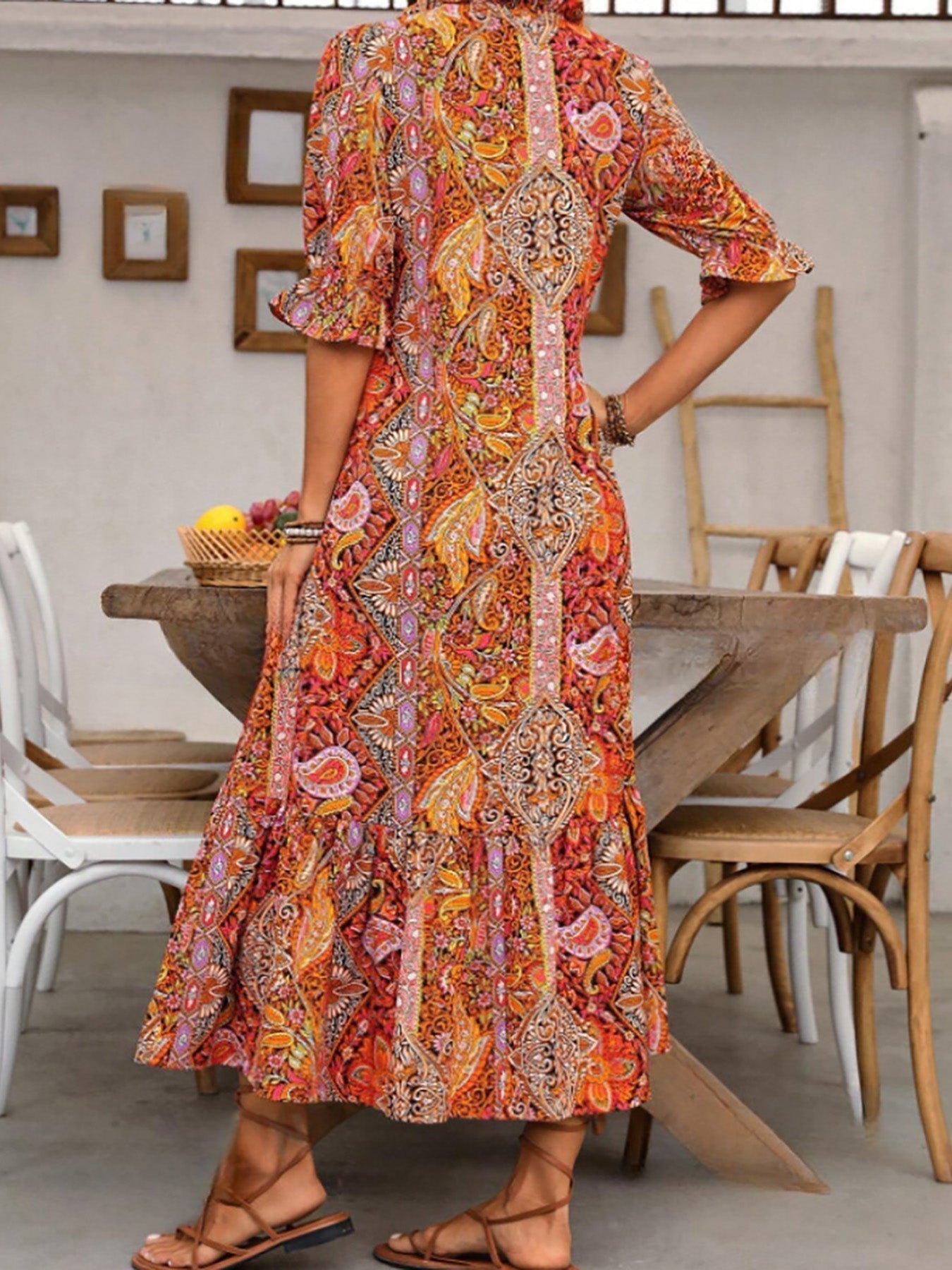 Gene Boho Grace Dress with stand collar and lace-up front, shown in a flowy summer silhouette