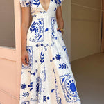 Avermy blue floral maxi dress with V-neckline and puff sleeves