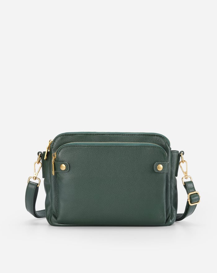 Kaya's Jewel full-grain leather shoulder bag shown in brown, blue, black and green