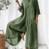 Bria luxe wide-leg linen jumpsuit with mid-waist fit shown in a relaxed silhouette