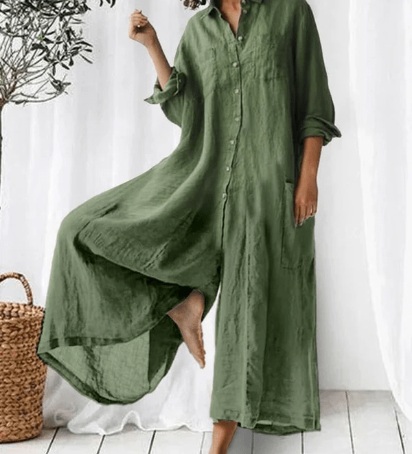 Bria luxe wide-leg linen jumpsuit with mid-waist fit shown in a relaxed silhouette