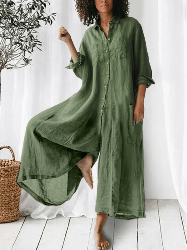 Bria luxe wide-leg linen jumpsuit with mid-waist fit shown in a relaxed silhouette