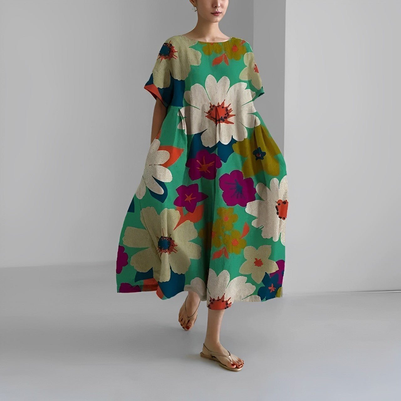 Celia floral Garden Goddess dress in a feminine print, shown in multiple colourways