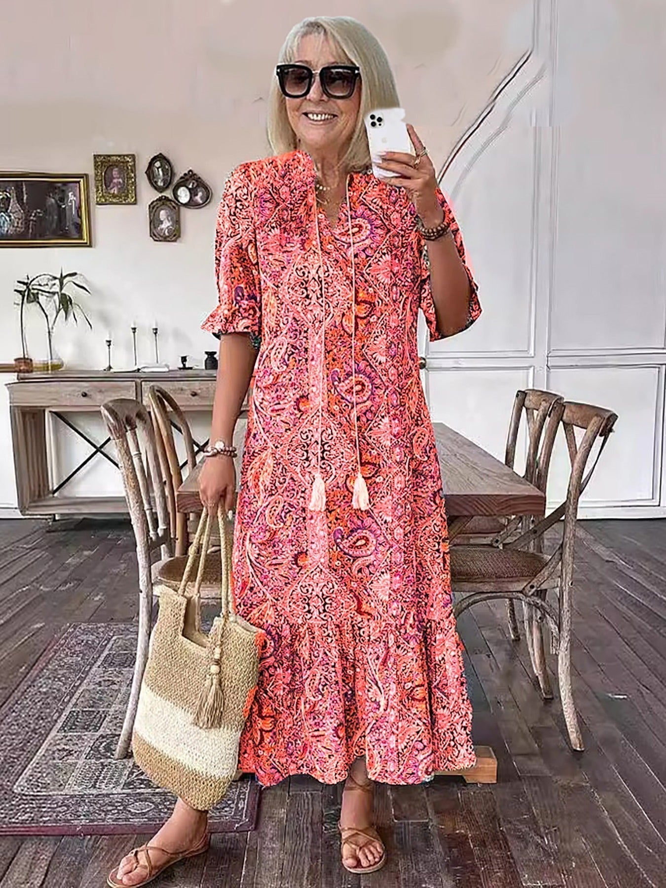 Gene Boho Grace Dress with stand collar and lace-up front, shown in a flowy summer silhouette