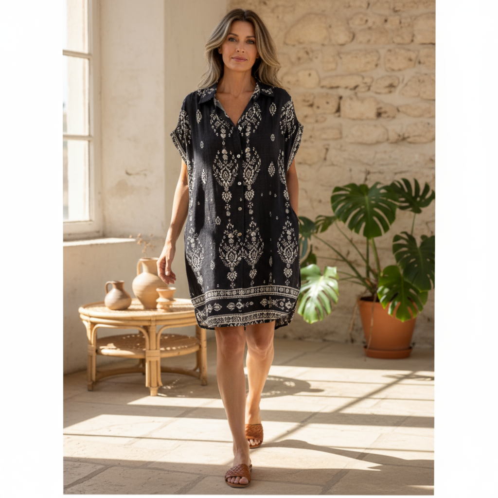 Micayla vintage boho shirt dress with floral print, soft collar and cap sleeves