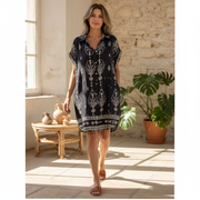 Micayla vintage boho shirt dress with floral print, soft collar and cap sleeves