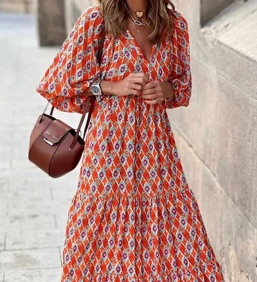 Vanessa boho puff maxi dress with V-neckline, puff sleeves and ruffled A-line hem