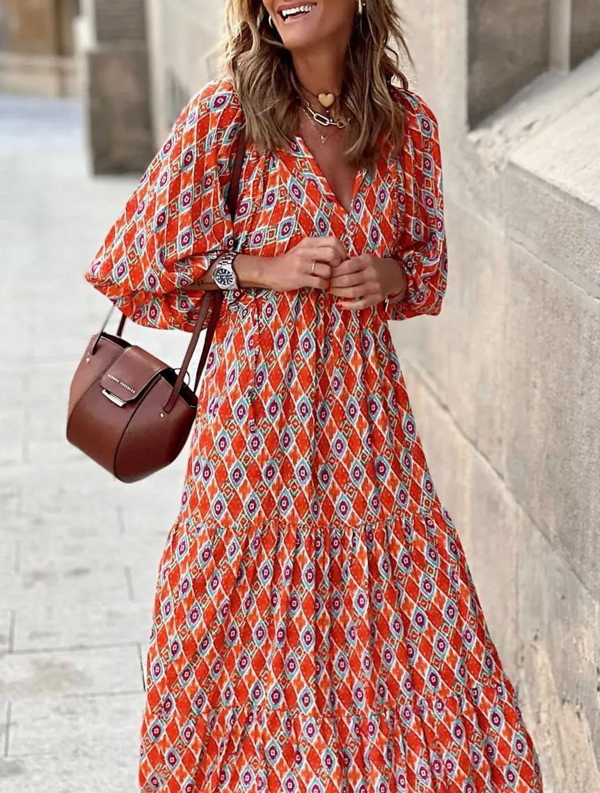 Vanessa boho puff maxi dress with V-neckline, puff sleeves and ruffled A-line hem