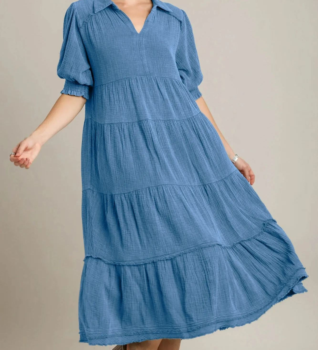 Siamara tiered maxi dress with V-neckline and raw-edged hem in a flowing silhouette